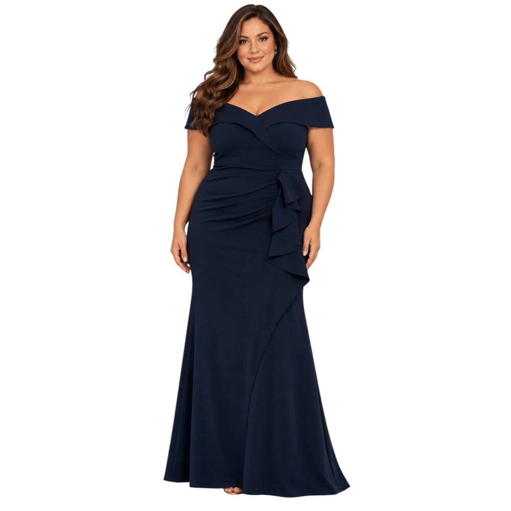 NEW XSCAPE $299 Formal Gown Dress Plus 20W Navy Blue Off Shoulder Scuba Knit